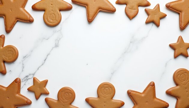 Gingerbread cookies arranged in a circular pattern on a marble surface. The cookies have smiling faces and are perfect for a festive New Year or Christmas background.