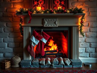 Cozy fireplace with stockings and warm glow of lights,  winter,  holiday