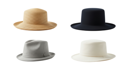 Collection of Fashionable Hats: Straw, Classic, Contemporary Style on White