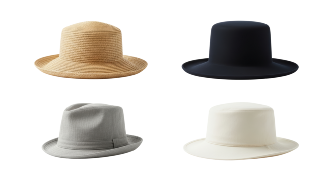 Collection of Fashionable Hats: Straw, Classic, Contemporary Style on White
