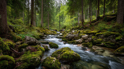 Obraz premium A forest stream flows over moss covered rocks surrounded by tall trees and lush green vegetation