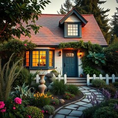 Cozy house exterior with lush garden and warm light,  idyllic,  welcoming