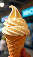 Creamy vanilla ice cream swirl in a cone, a classic and universally loved sweet treat ,  food photography,  delicious