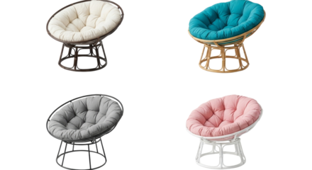 Stylish collection of papasan chairs in vibrant colors on a clean background