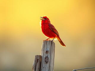 Crimson feathered creature singing atop a wooden fence post, morning light illuminating its plumage,  outdoors,  perching