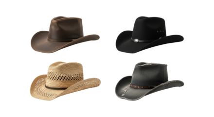 Collection of various cowboy hats isolated on white background studio shot