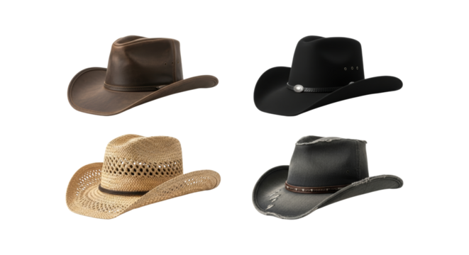 Collection of various cowboy hats isolated on white background studio shot