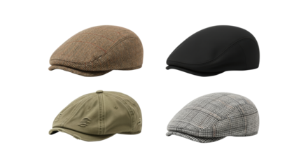 Elegant flat cap collection, stylish headwear with assorted textures and hues