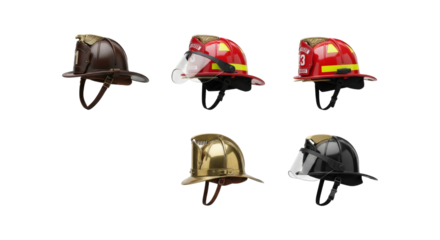 Collection of firefighter helmets representing safety and protective gear variety