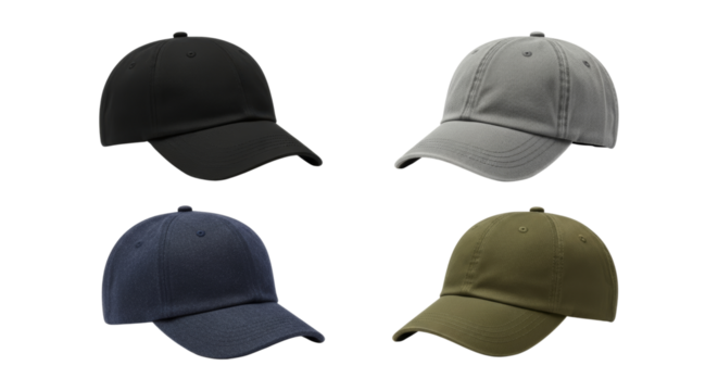 Collection of Isolated Baseball Caps in Various Colors on a White Backdrop