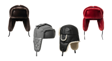 Variety of winter ushanka hats in brown, grey, black and red colors