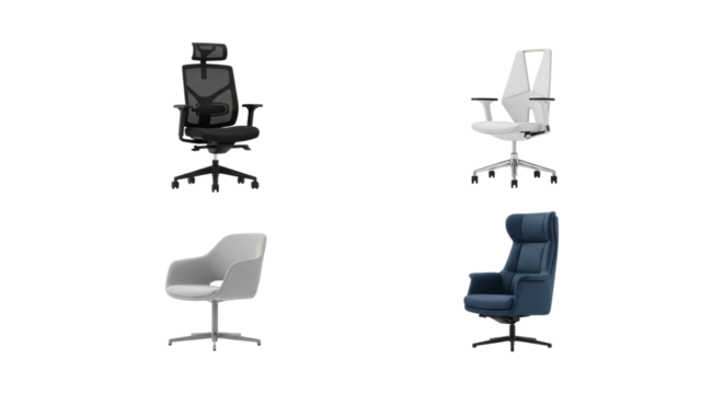 Variety of contemporary office chairs, diverse ergonomic designs, modern furniture