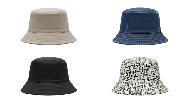 Four bucket hats in diverse styles and colors isolated on a white backdrop - Powered by Adobe