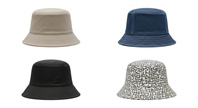 Four bucket hats in diverse styles and colors isolated on a white backdrop