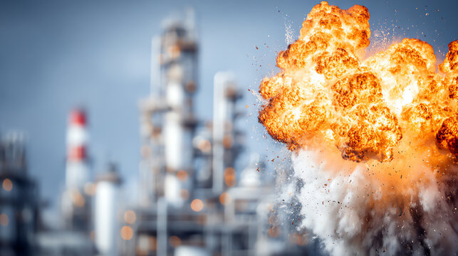 Explosive fire and smoke erupting from an industrial site, showcasing powerful combustion and energy release.