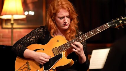 Woman playing jazz guitar in a dimly lit bar, background of a lamp, performance photo use - Powered by Adobe
