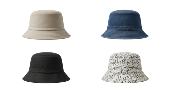 Variety of stylish bucket hats in different colors and patterns isolated
