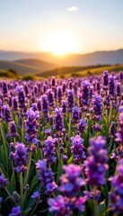 Fototapeta premium Stunning Lavender Field at Sunset with Vibrant Purple Flowers and Soft Light over Rolling Hills in Background