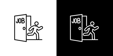 Fototapeta premium Outline icon of a figure running from a 'JOB' door, illustrating concepts of employment termination, career transition, or resignation from a workplace position