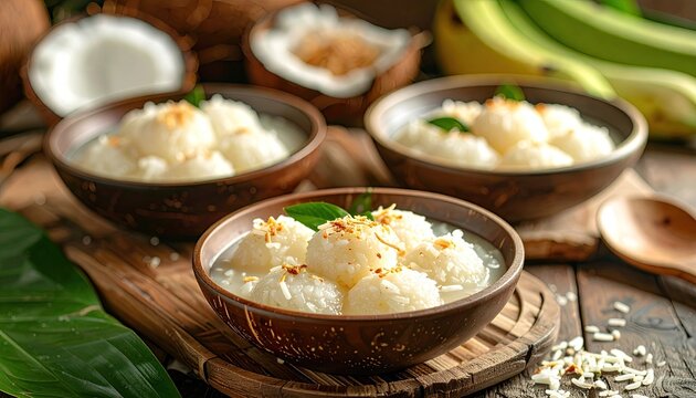Delicious Malaysian Kuih Seri Muka Pandan Custard with Glutinous Rice Base Served in Rustic Bowls on a Wooden Table with Coconut and Banana Garnish