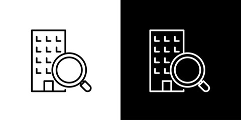 Outline icon of a building with a magnifying glass, symbolizing comprehensive property search, real estate, office location, and market research discovery