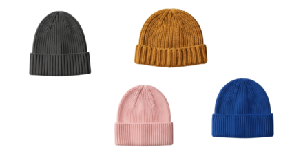 Collection of vibrant beanies in gray, mustard, pink and blue hues