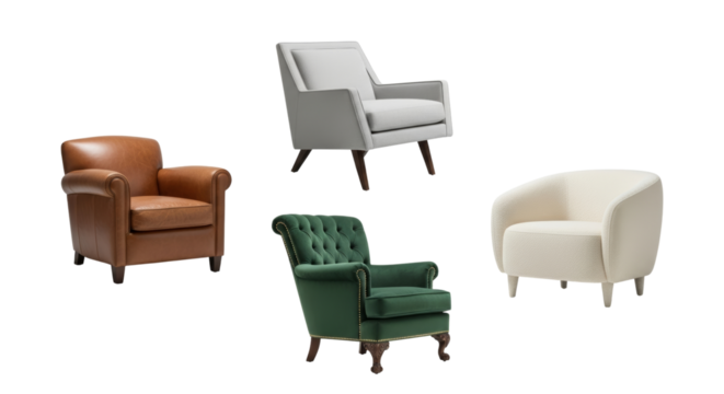 Four diverse armchairs in varying styles and materials for interior design - Powered by Adobe