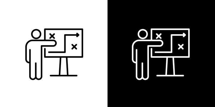 Single icon of business professional explaining strategic planning and tactical moves on a whiteboard, outlining objectives and success paths for organizational growth