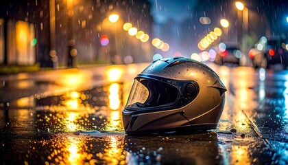 Motorcycle helmet on wet city street reflecting blurred lights at night, rain falling