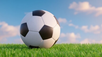 Fototapeta premium Classic soccer ball resting peacefully on pristine lush green grass field under bright sunlight ready for game play.