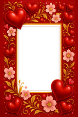 Decorative valentine s day frame with red hearts and pink flowers