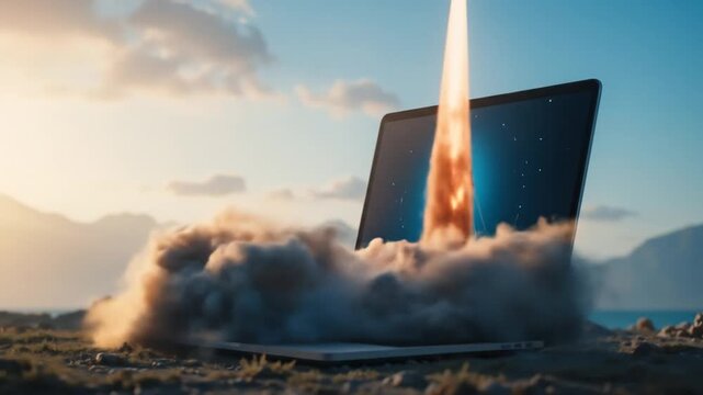 A rocket launch from a laptop computer symbolizes the autonomy of assistant agents and the automation of jobs using futuristic AGI technology for growth. 4k video