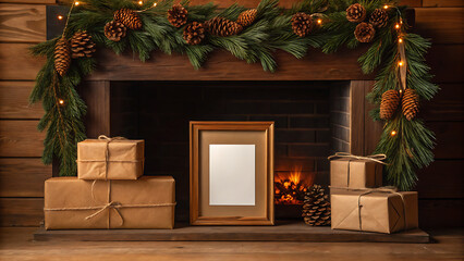 Cozy christmas fireplace decorated with evergreen garland and warm glowing embers surrounded by wrapped gifts