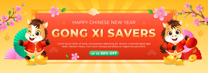 Chinese New Year 2026 sale banner with 2 cute horse zodiac, fan, blossom flower and cloud in yellow background. Holiday web banner vector illustration.

