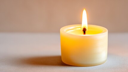 Warm glowing lit candle illuminating dark room on wooden table serene ambiance cozy home decor for relaxation.