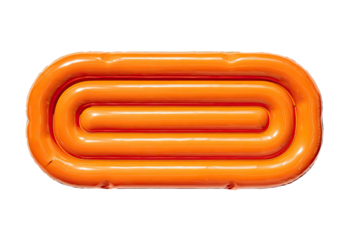 Overhead view of a bright orange inflatable pool float with a ridged, oblong design