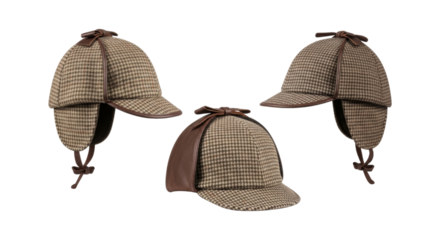 Collection of classic deerstalker hats in hounds tooth pattern, isolated