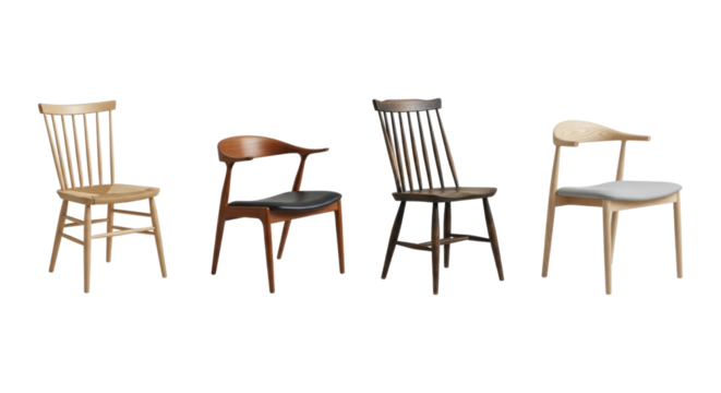 Four different wooden chairs showcase diverse styles on a white backdrop