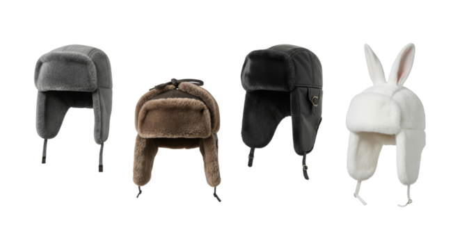 Diverse collection of stylish winter trapper hats in various colors and designs