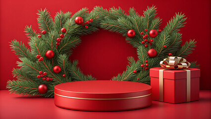Festive christmas scene with red podium decorated evergreen wreath and gift box against red background