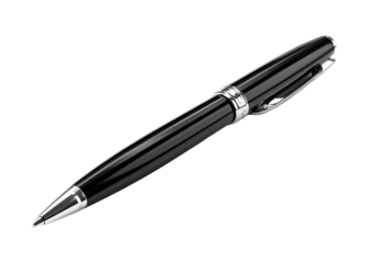 A sleek, black, metallic-trimmed writing tool, isolated on a dark background