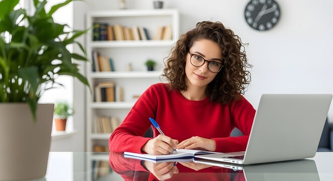 Young Woman Working from Home with Laptop and Notebook. - Powered by Adobe