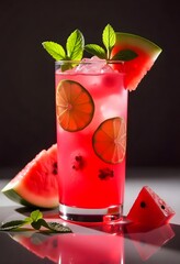 A colorful watermelon mojito cocktail in a clear glass with watermelon cubes  lime and mint