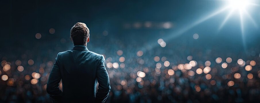 Back view of motivational speaker on stage concept. Business leader giving inspiring speech to large audience.