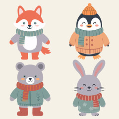A charming collection of four cute cartoon woodland animals. This adorable vector set is perfect for children's design, winter holiday greetings, or baby apparel with a warm and friendly style.