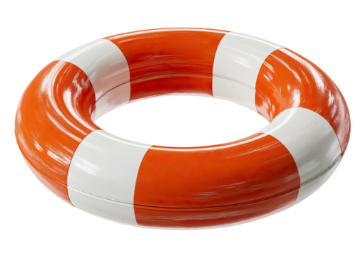 Orange and white striped life preserver ring, isolated on a black background