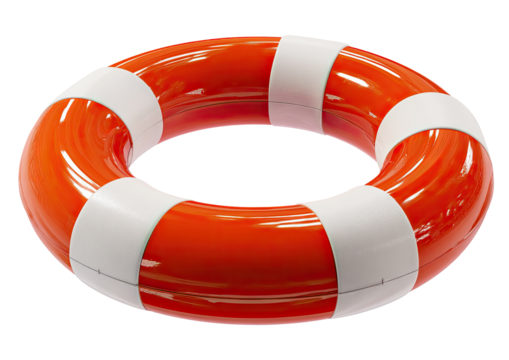 A bright orange and white life preserver ring, floating with a slight shadow