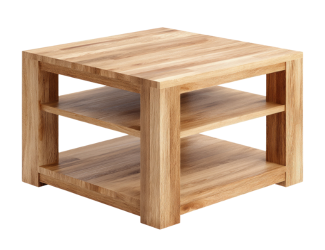 Square, light-wood coffee table with two shelves, simple design against a black backdrop