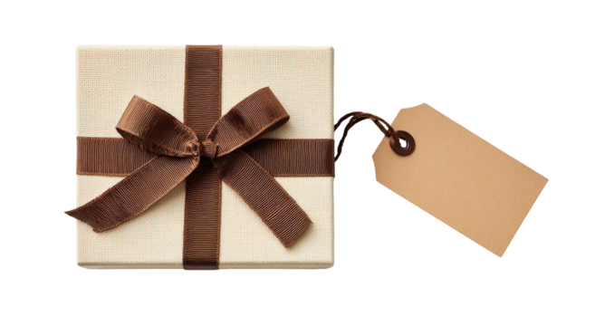 A beige square gift box with a brown ribbon and bow, plus a blank gift tag