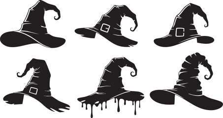 Obraz premium Illustration of collection of witch hats in black color for halloween celebration and decoration in vector format